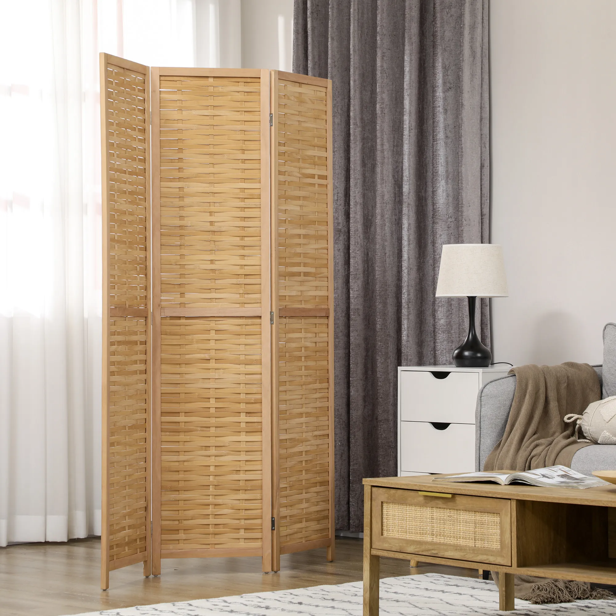 3DELIGE KAMERSCHERM VAN BAMBOE 120 X 170 CM – VOUWBARE SCHEIDINGSWAND VOOR WOONKAMER EN SLAAPKAMER