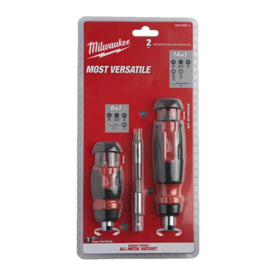 Milwaukee Ratel Multibit schroevendraaierset 2 delig  ( lang & Kort )
