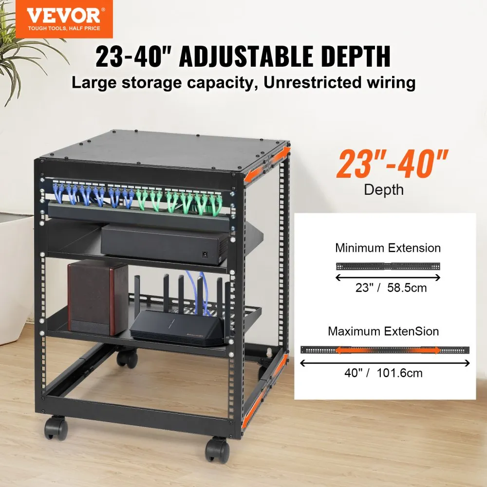 VEVOR 12U OPEN FRAME SERVER RACK 1540" VERSTELBARE DIEPTE VRIJSTAAND/WANDGEMONTEERD NETWERK SERVER RACK 4 POSTEN AV RACK M