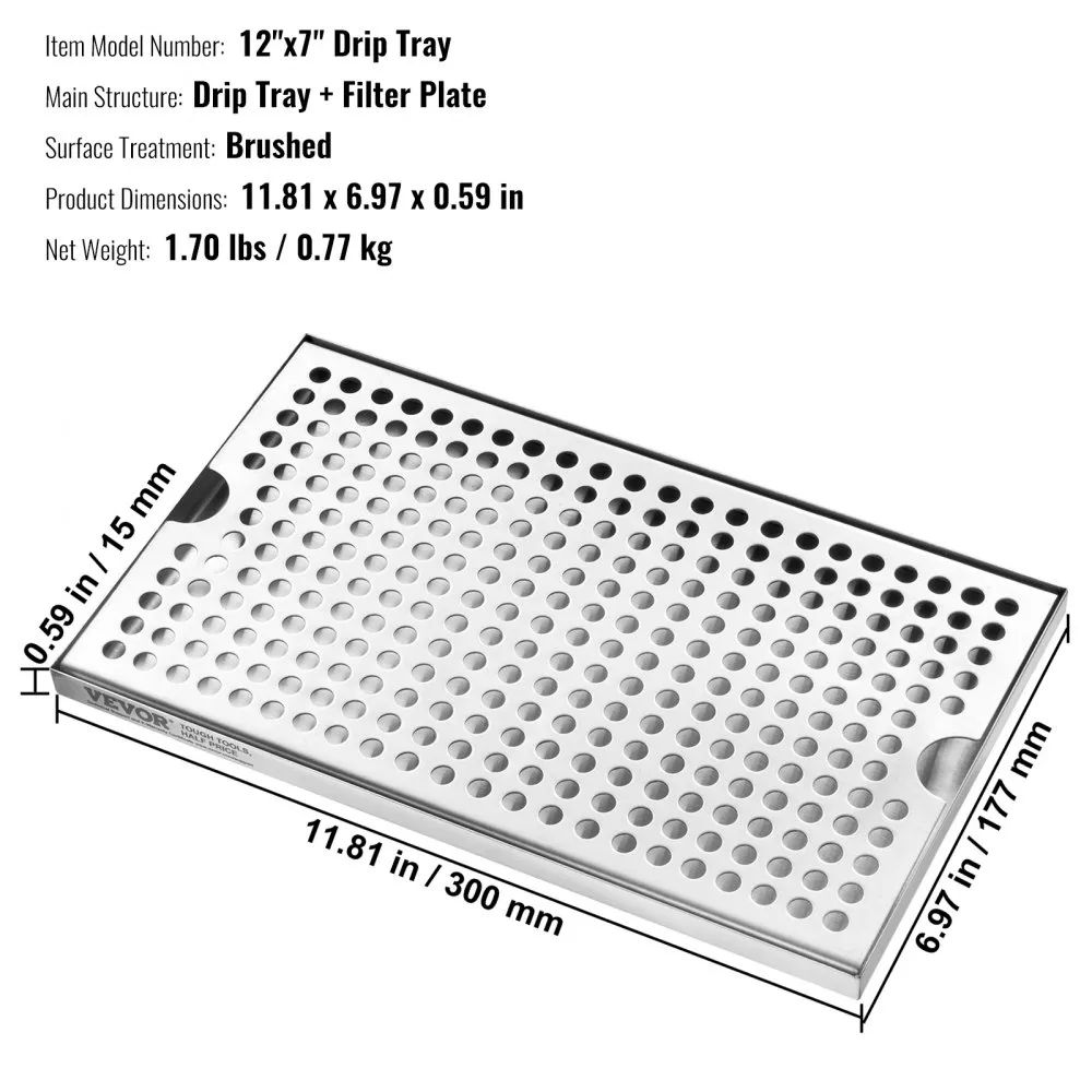 VEVOR 304 roestvrijstalen lekbak, bierlekbak met 4 antislip rubberen pads en afneembare hoes, 300 x 180 x 25 mm barlekbak Geschi