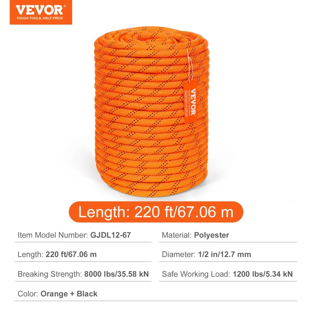 VEVOR Arborist Boomklimtouw Dubbel gevlochten polyester 1/2 inch x 220 voet