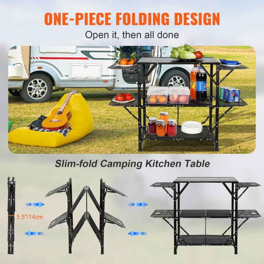 VEVOR Camping Keukentafel Aluminium Opvouwbaar Draagbaar Outdoor Kookstation met 4 Ijzeren Zijkanten 2 Planken en Draagtas Snell