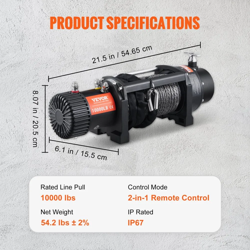 VEVOR Elektrische Lier 12V Winch 4536kg/10000lbs Offroad Motor Lier Kabel Elektrische Lier Nylon Touw met Draadloze Afstandsbedi