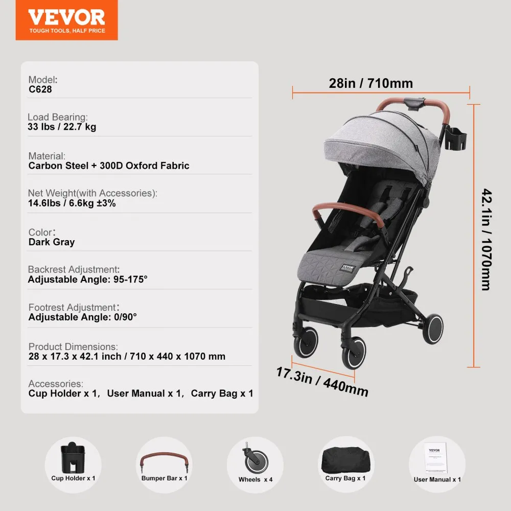 VEVOR KINDERWAGEN 71 X 44 X 107CM, MET 95°175° VERSTELBARE RUGLEUNING EN 0/90° VERSTELBARE VOETSTEUN EN ééNKLIK VOUWFUNCTIE, K