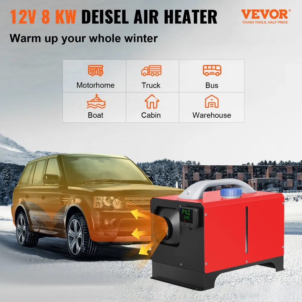 VEVOR Luchtverwarmers Auto Diesel 12V 8KW Standkachel Diesel Rood Aluminium Behuizing Diesel Verwarming Afstandsbediening en LCD