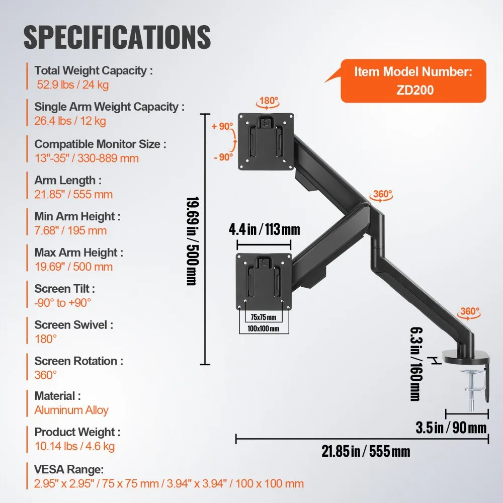 VEVOR MONITORBEUGEL DRAAGARM VOOR 2 MONITOREN 330889 MM, IN HOOGTE VERSTELBARE TAFELBEUGEL, 75 X 75 MM EN 100 X 100 MM VESAPAT