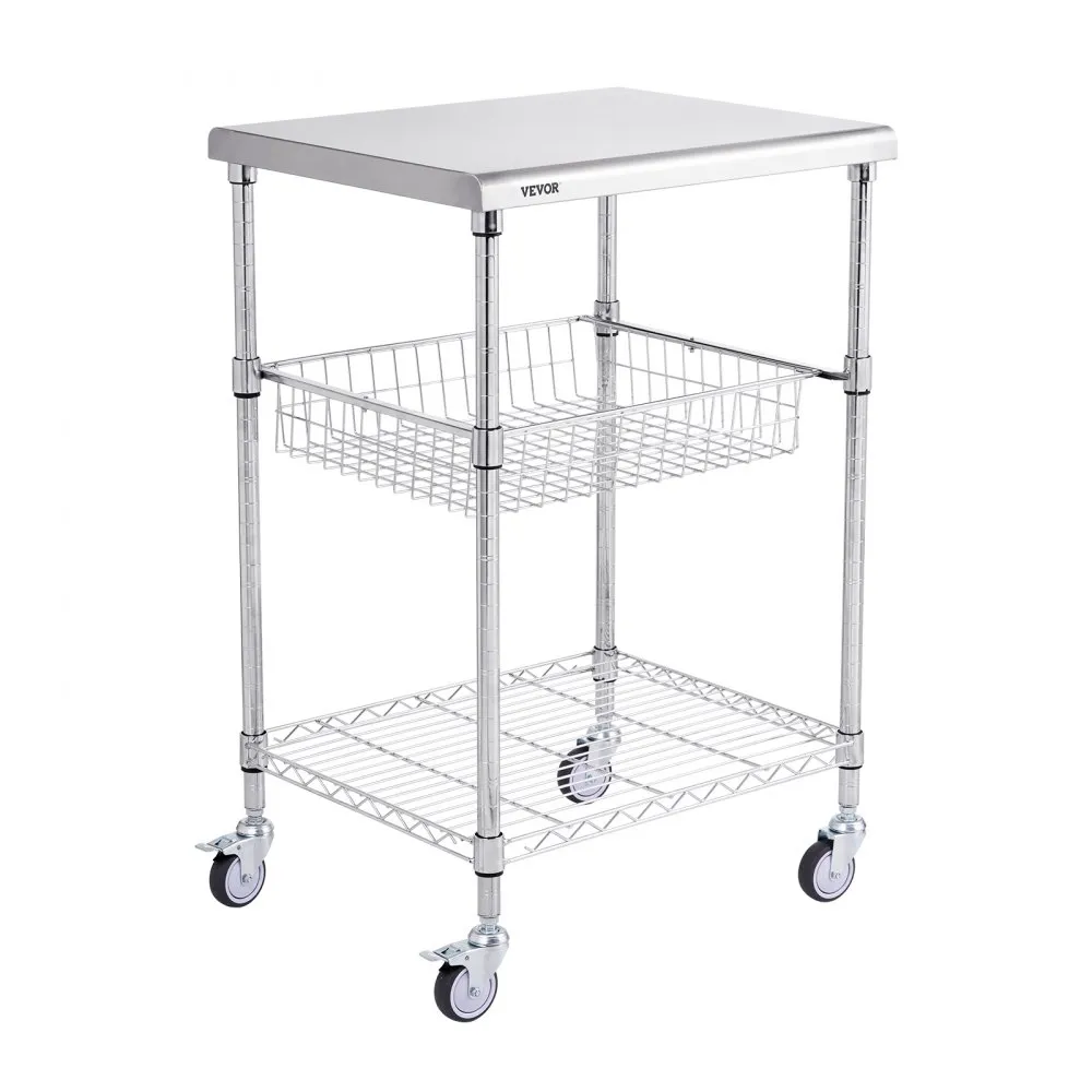 VEVOR ROESTVRIJSTALEN KEUKENWAGEN, 3LAAGS SERVEERWAGEN MET EEN CAPACITEIT VAN 213,2 KG, LABORATORIUMWAGEN, OPRUIMINGSWAGEN, TRA