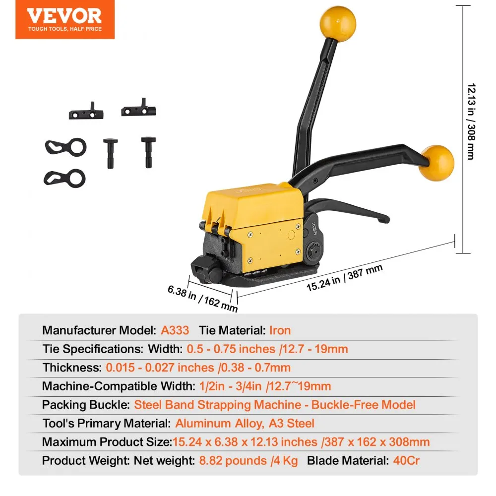 VEVOR STAALBANDAPPARAAT VOOR 1/2"3/4" BREEDTE, 3IN1 (SPANNER, CRIMPER, SNIJDER), HANDMATIGE TAPEVERPAKKINGSBANDMAC