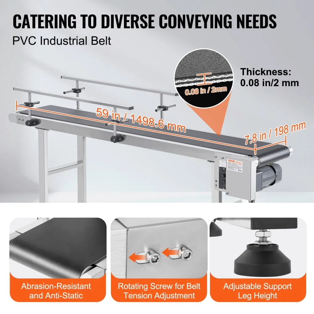 VEVOR transportband 1498,6 x 198,1 mm transporttafel Robuuste roestvrijstalen gemotoriseerde transportband voor inkjetcoderingst
